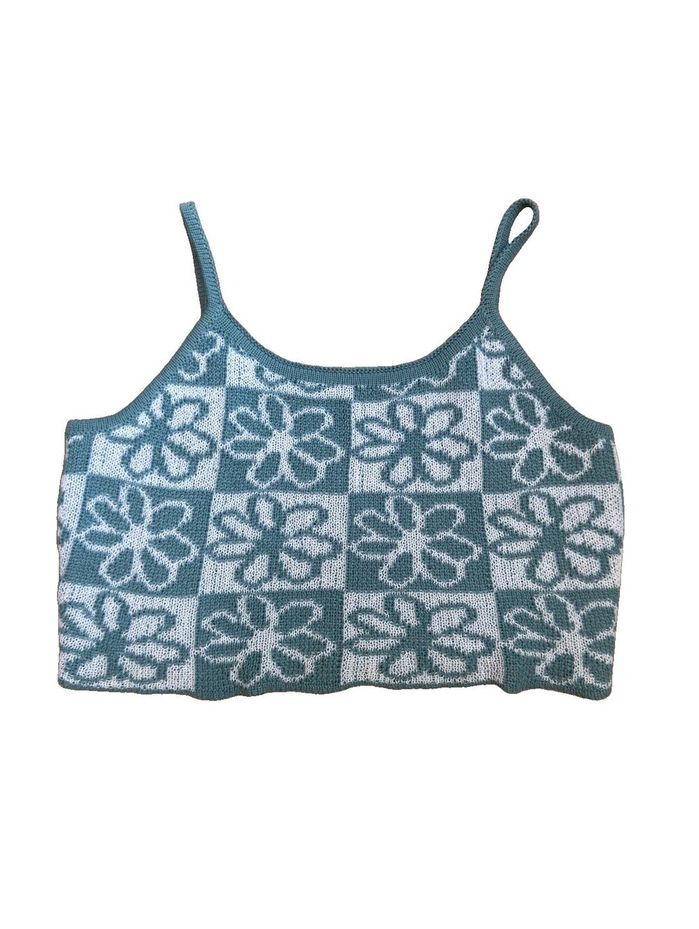 ROMWE Teal White Floral Checkered Soft Knit Spaghetti Strap Cropped Tank Top M